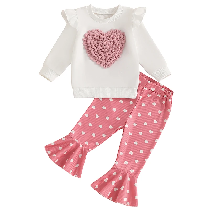 

Baby Girl 2Pcs Fall Outfits Long Sleeve 3D Heart Sweatshirt Flare Pants Set Toddler Clothes