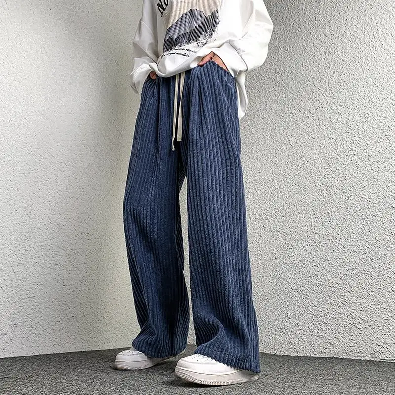 Corduroy Pants Men\'s Straight Pants Solid Color Drawstring Unisex Wide Leg Oversized Trousers Casual Japanese Style Male Pants