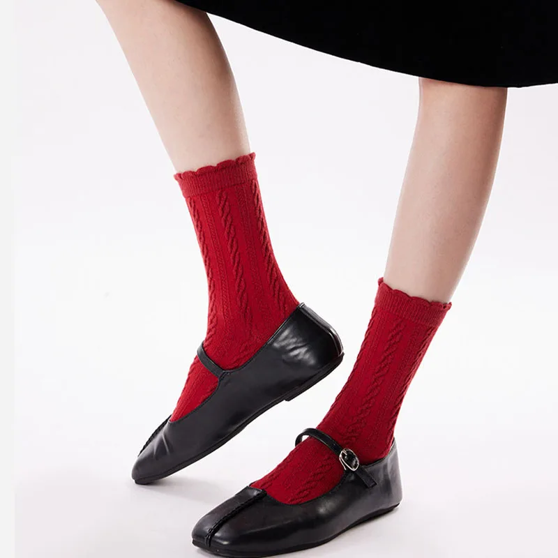 1/3/5 Pairs Women's Lace Ruffle Crew Socks Cute Bow Cable Knit Soft Warm Red Lolita Princess Sock Comfortable Casual Sox