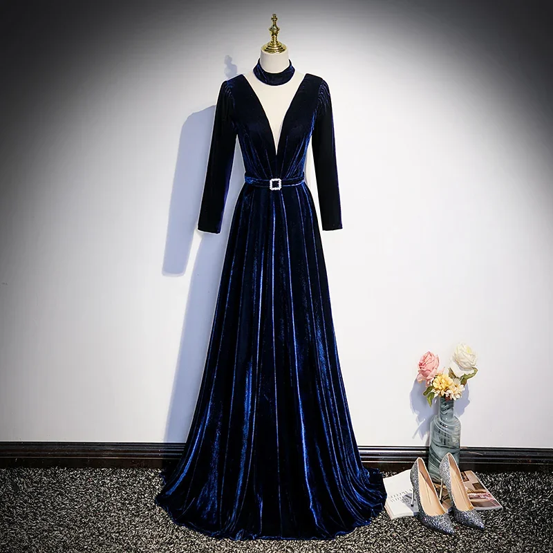 

Customized Evening Dress navy Blue Velvet Full Sleeves Floor Length Zipper Back A-Line V-Neck Plus Size Women party Formal Gown