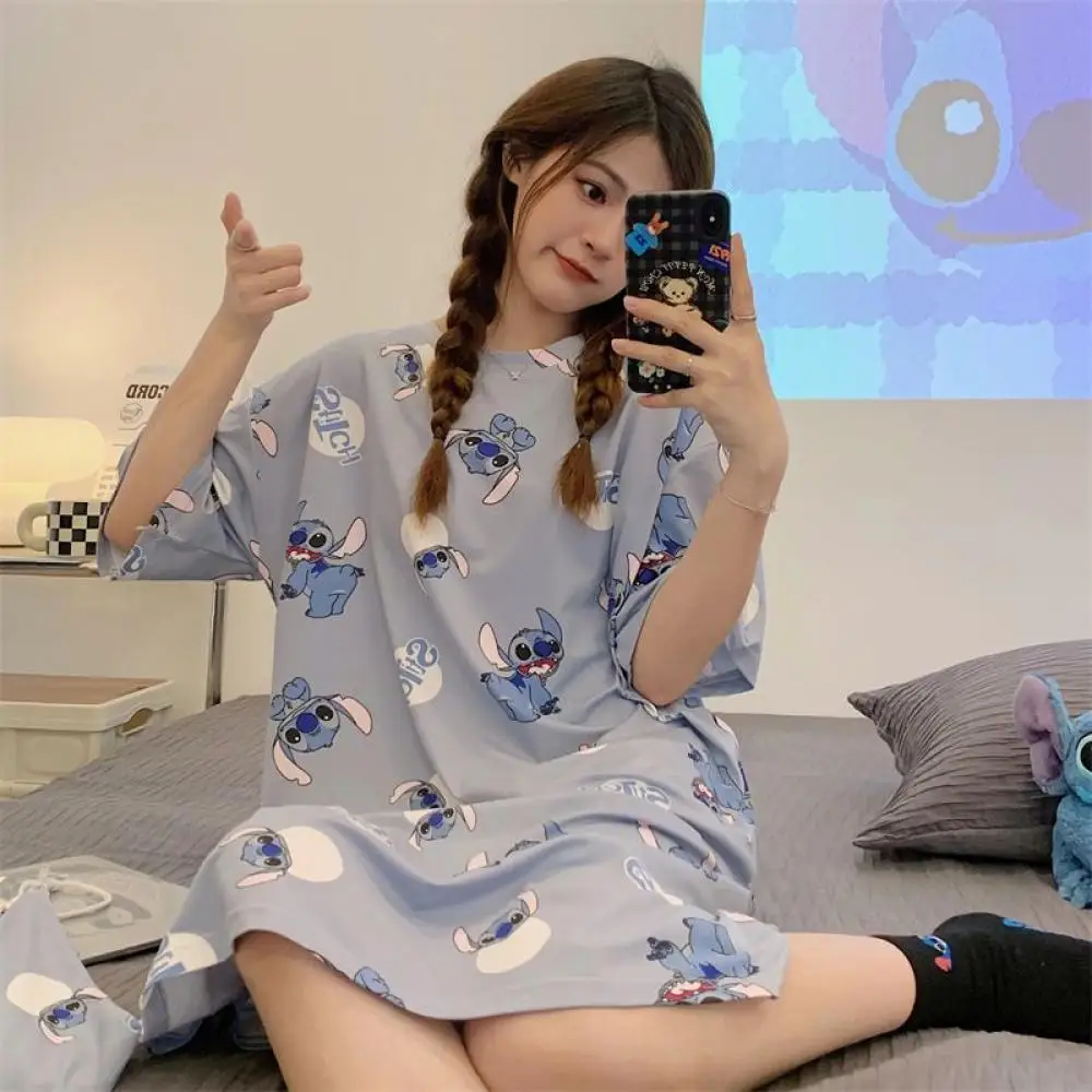 Kawaii Stitch الصيف ثوب النوم للنساء ديزني لطيف قصيرة الأكمام منامة كبيرة الحجم فضفاضة الكرتون الفتيات طالب ليلة تنورة