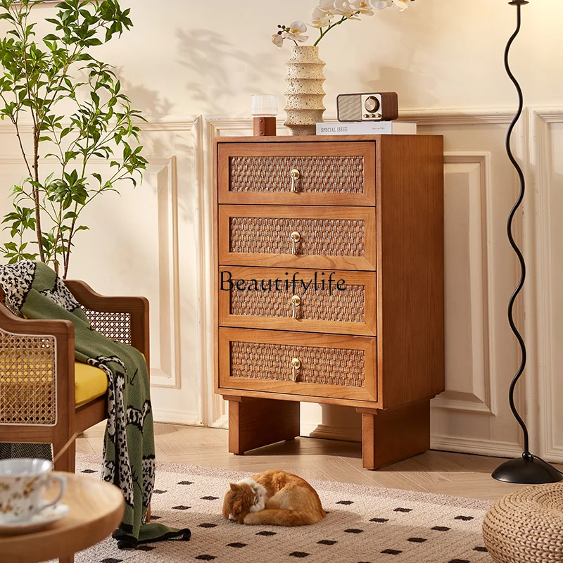 Solid Wood Rattan Four-Bucket Cabinet Simple Modern Middle-Ancient Art Dining Drawer Storage Cabinet