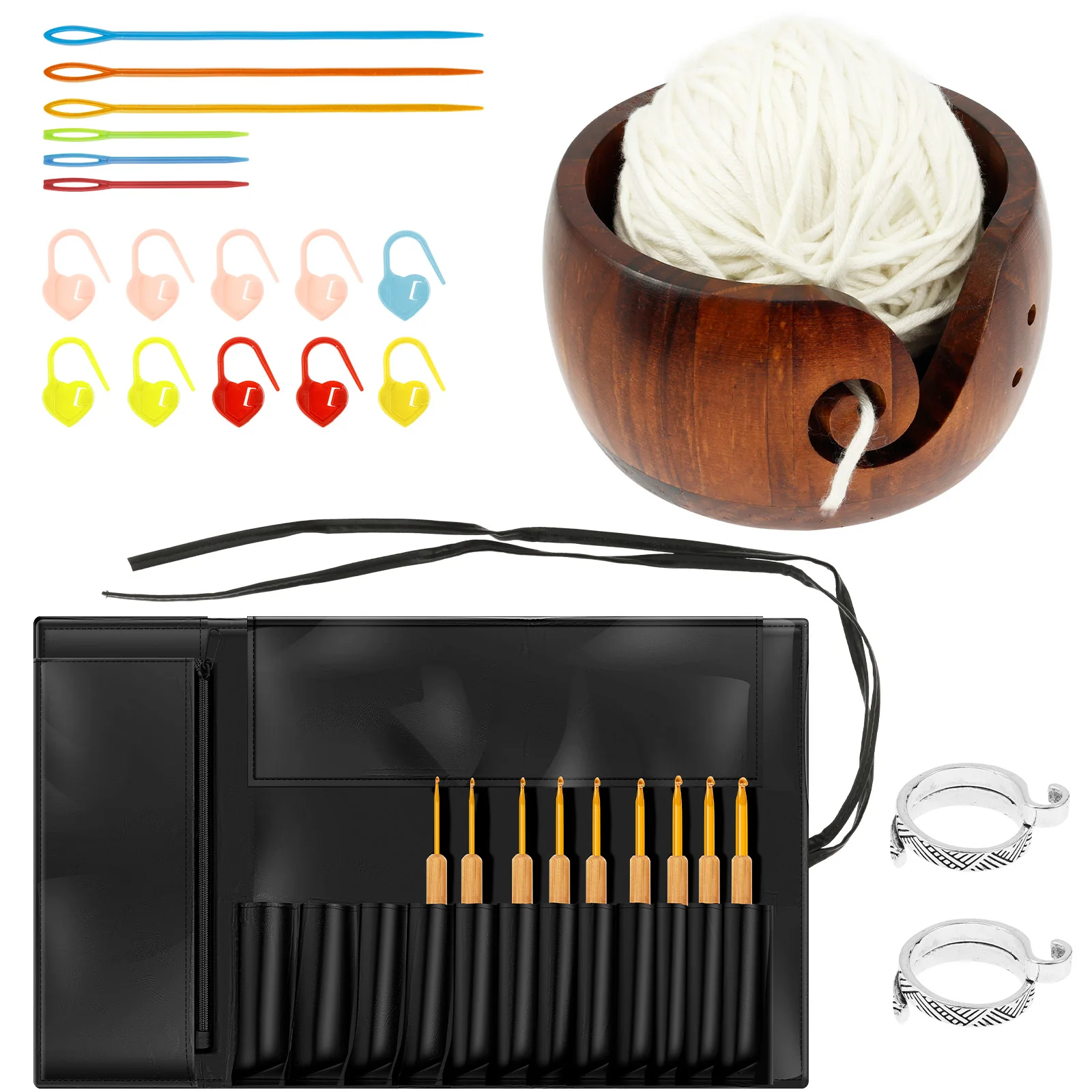 

Держатель для чаши из пряжи с 9 шт. крючками для вязания крючком Деревянная чаша для вязания крючком Оганьи для пряжи Круглый держатель для вязания пряжи для вязания крючком