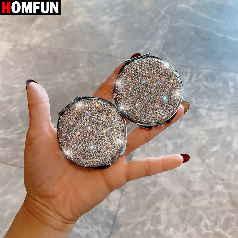 HOMFUN Round Foldable Pocket Makeup Mirror With Rhinestones Double Side Mini Diamond Painting Mirror For Home Travel Outdoor Use