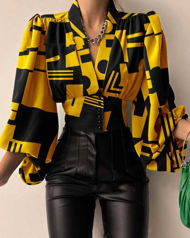 Women\'s Blouse Sexy Irregular V Neck Blusas Fashion Lantern Sleeve Solid Autumn Elegant Streetwear Casual Loose Tunic Top