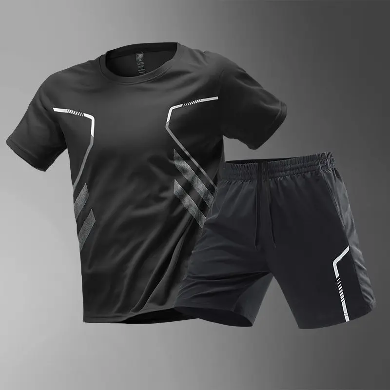 Summer Men Sets New Quick Dry Breathable Gym Clothing Training Short Sleeve Tops Shorts Suit Outdoor Daily Leisure Two-Piece Set