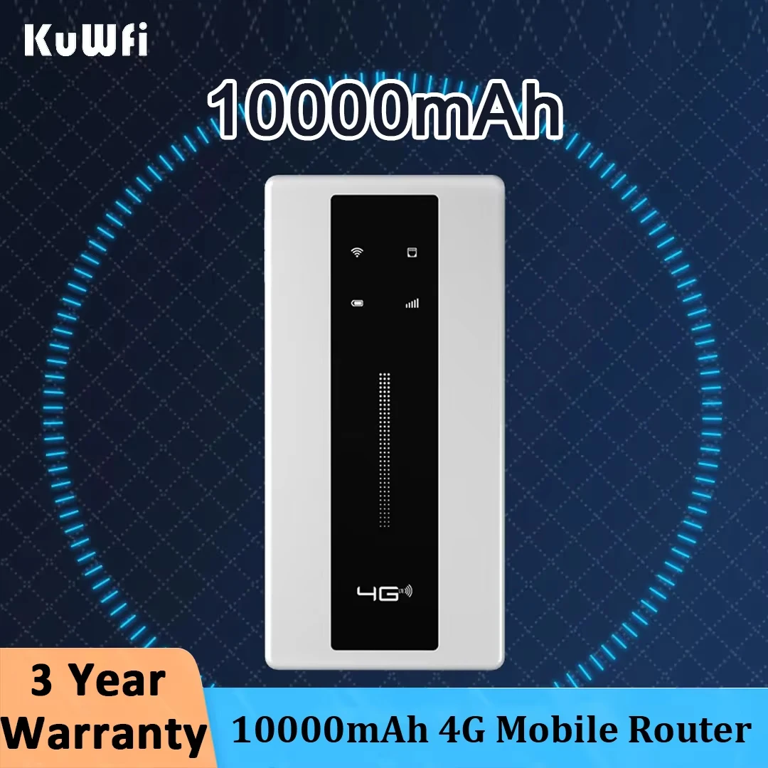 KuWFi 휴대용 모바일 와이파이 라우터, 야외 여행 포켓 와이파이 핫스팟 지지대, WPS RJ45, 10 명의 사용자 연결, 10000mAh, 4G