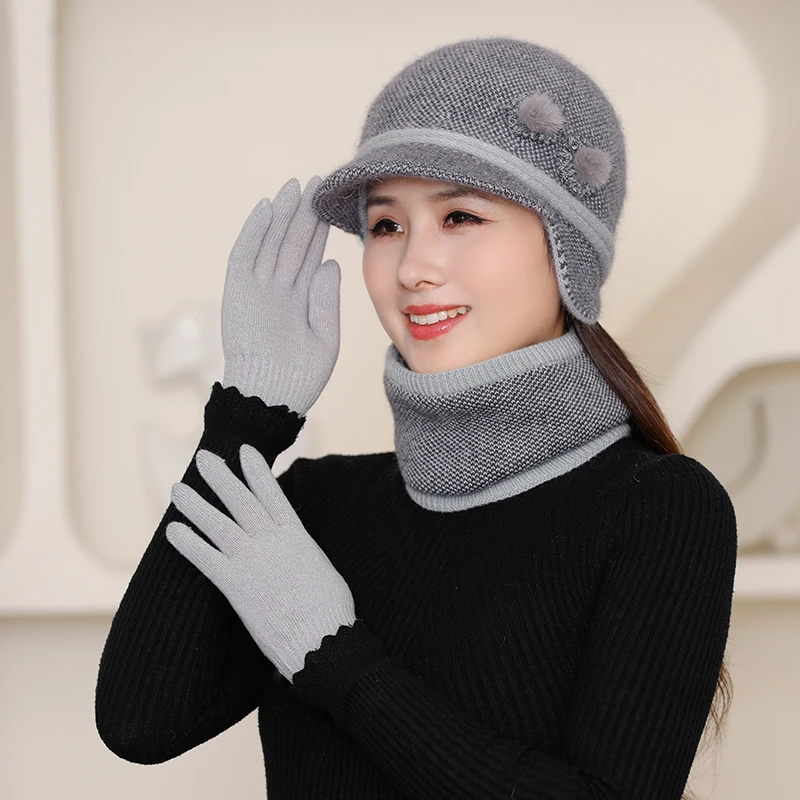 Women's Winter Hat Scarf Gloves Set Keep Warm Thick Elegant Fashion Female 3 Pieces Sets Winter Beanies Loop Scarf Gloves