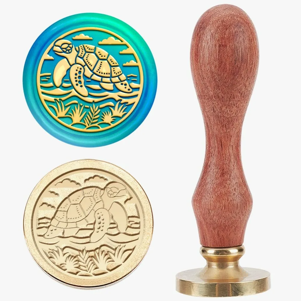 Sea Turtle Seaweed Wax Seal Stamp 25mm Summer Sea Creatures Sealing Wax Stamps Brass Removable Ocean Animal Heads Wood Handle