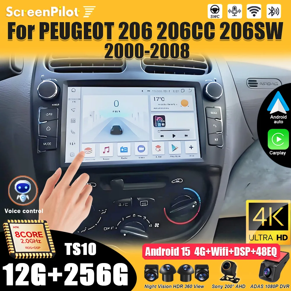 Android 16 para PEUGEOT 206 206CC 206SW 2000-2005 2006 2007 2008 Reproductor multimedia de vídeo GPS Navegación 8 núcleos Pantalla táctil 5G