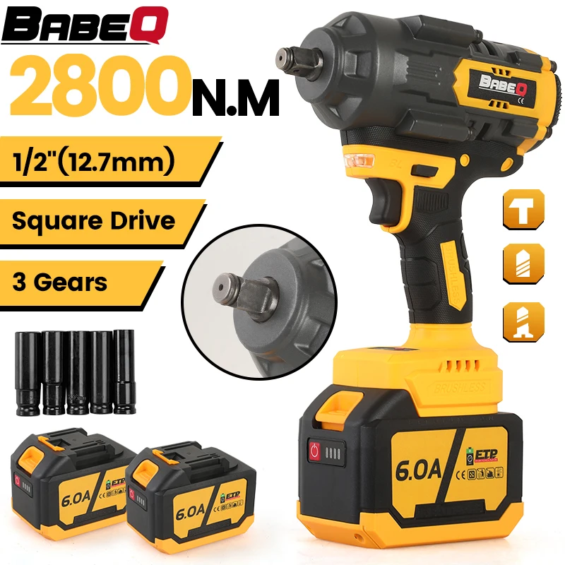 

BABEQ 2800N.M Бесщеточный электрический ударный гайковерт 1/2 дюйма Аккумуляторный электрический ключ Отвертка Инструмент для аккумуляторных контактов Makita 18 В