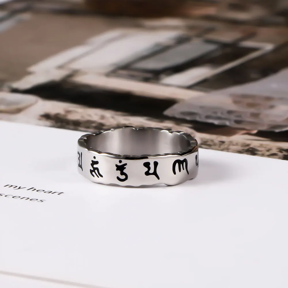 1Pcs Non-Fading Stainless Steel Men's Simple and Unique Ring, Engraved with the Six-Word Mantra in Sanskrit