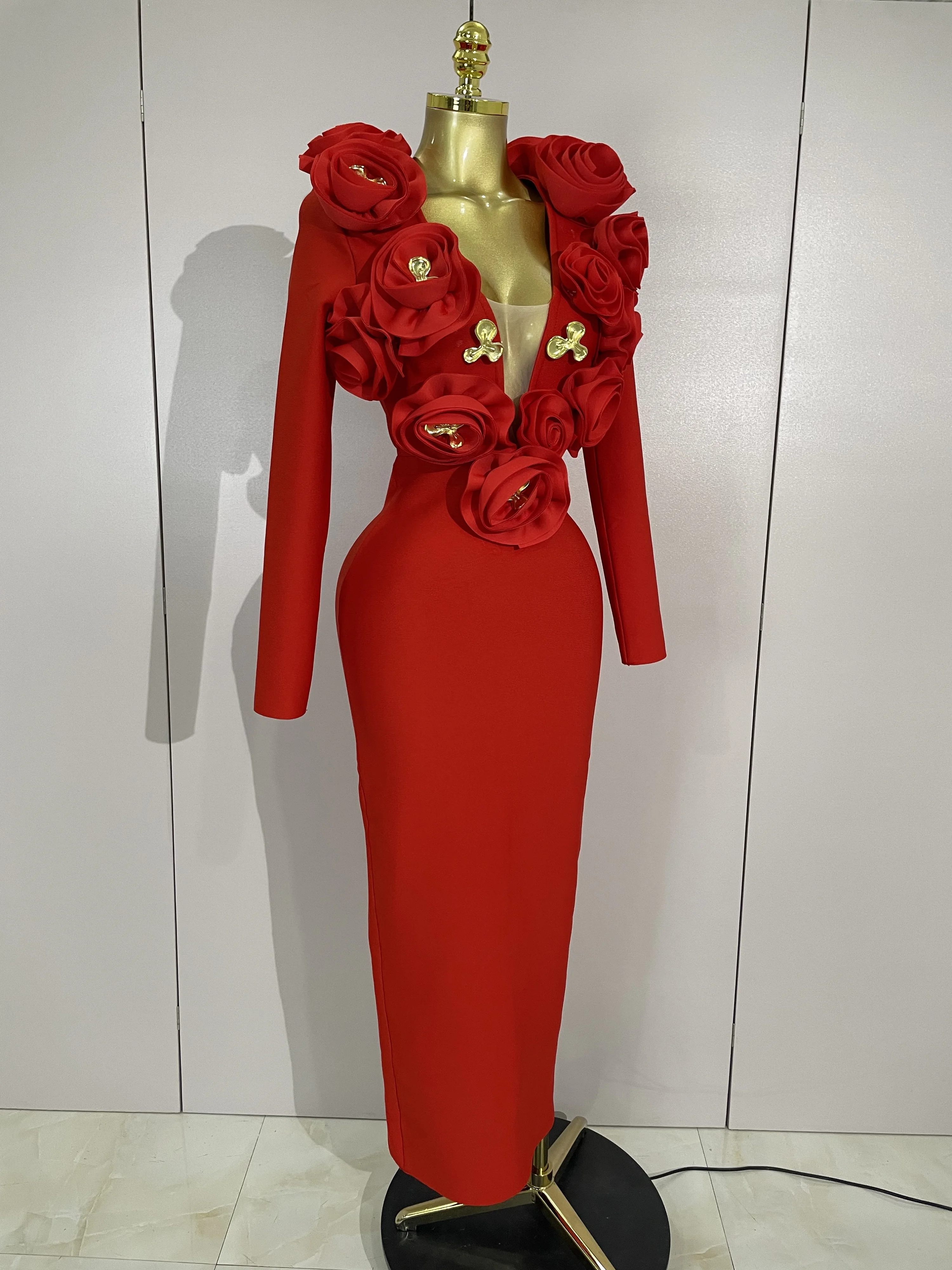 أزياء أنيقة ثلاثية الأبعاد زهرة طويلة الأكمام Bodycon ضمادة فستان المرأة المشاهير نادي الحفلات الفاخرة فستان الزفاف عيد ميلاد Vestidos