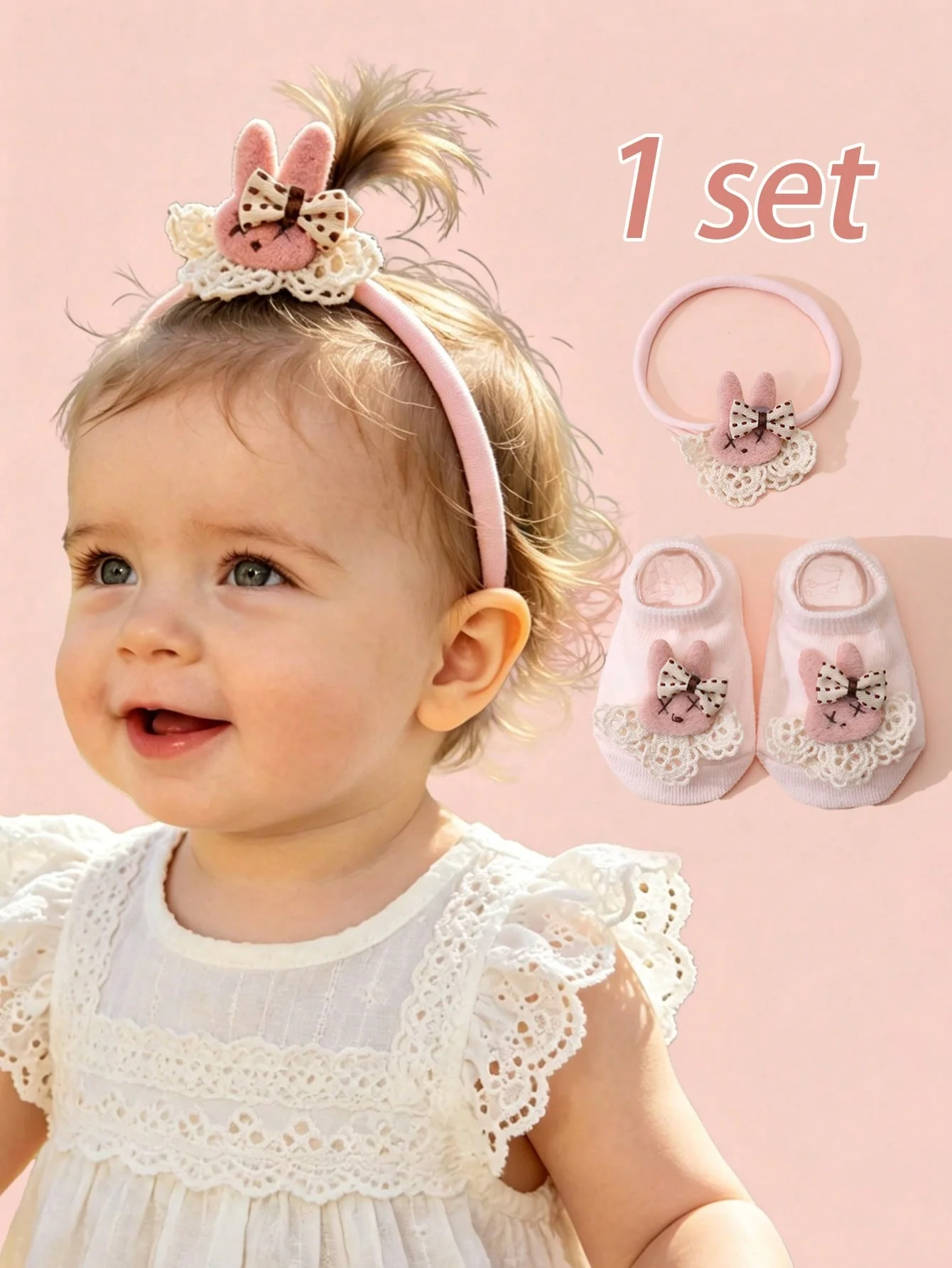 

1 Set Baby Girl Pink Bunny Headband And Socks Set Cute Playful Daily Versatile For 0-24 Months Newborn Infant Toddler Girls Gift