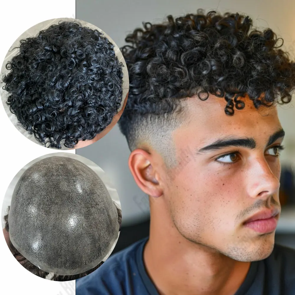 15 مللي متر مجعد الرجال الشعر المستعار سوبر دائم كامل رقيقة الجلد بولي حقن حقن الشعر المستعار 100% خصلات الشعر المستعار الإنسان مجعد الشعر الذكور الاصطناعية نظام #1