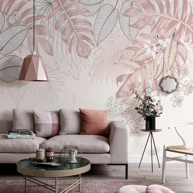 写真壁紙-北欧風-手描き-ピンクの熱帯植物の葉-室内リビングルーム背景壁画-3d壁紙