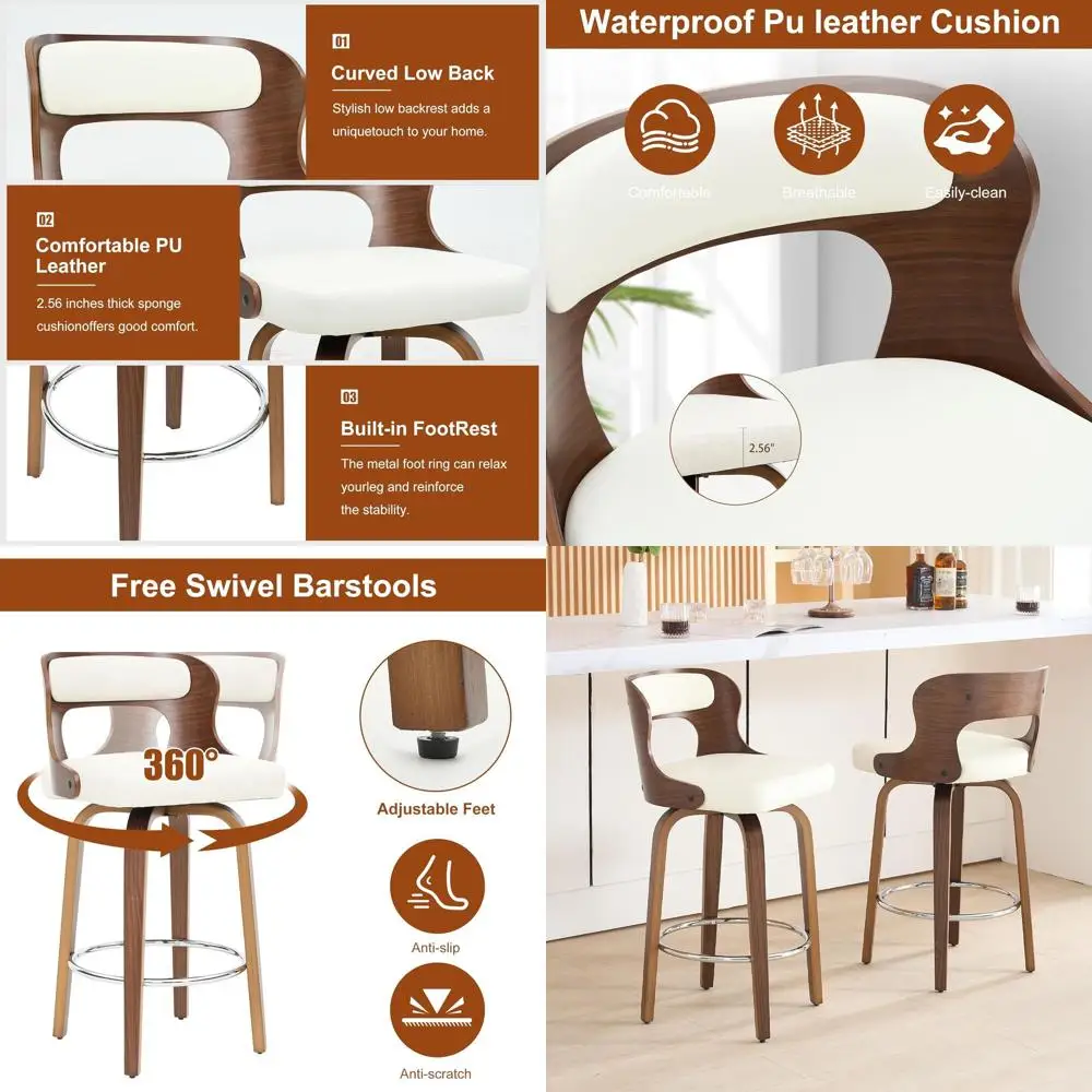 

Белые кожаные вращающиеся барные стулья с ножками из гнутой древесины, комплект из 4 штук для кухни или ресторана, высота 26 дюймов (для барной стойки)