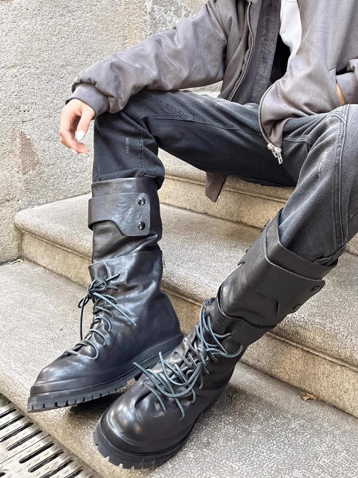 

Retro Faded Leather Boots Men's Mid-Calf Long Work Boots Folded Waistcoat Sle Knight Boots Zipper Closure Warm Cosite Sole