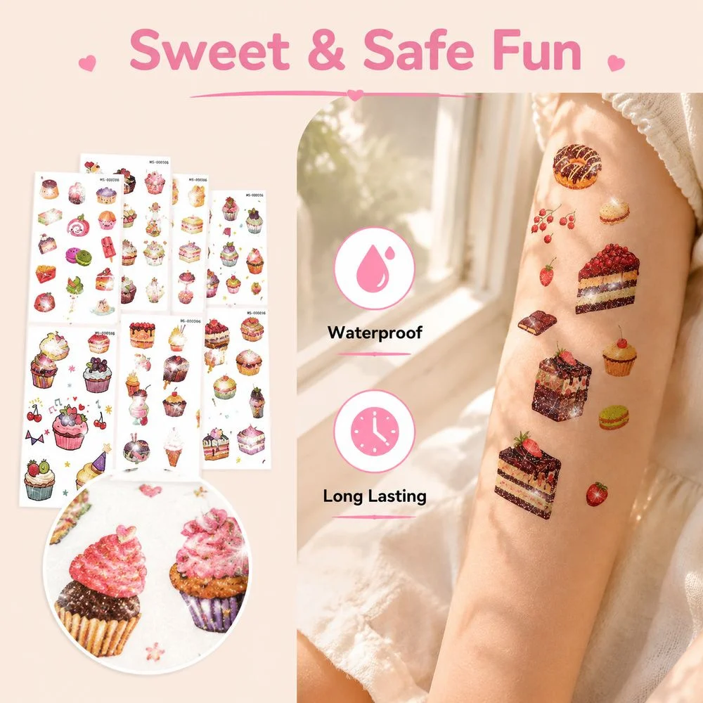 10Pcs Waterproof Temporary Glitter Tattoos Mixed Cake Dessert Candy Donut Motif Body Art Decals For Holiday Cosplay Accessory
