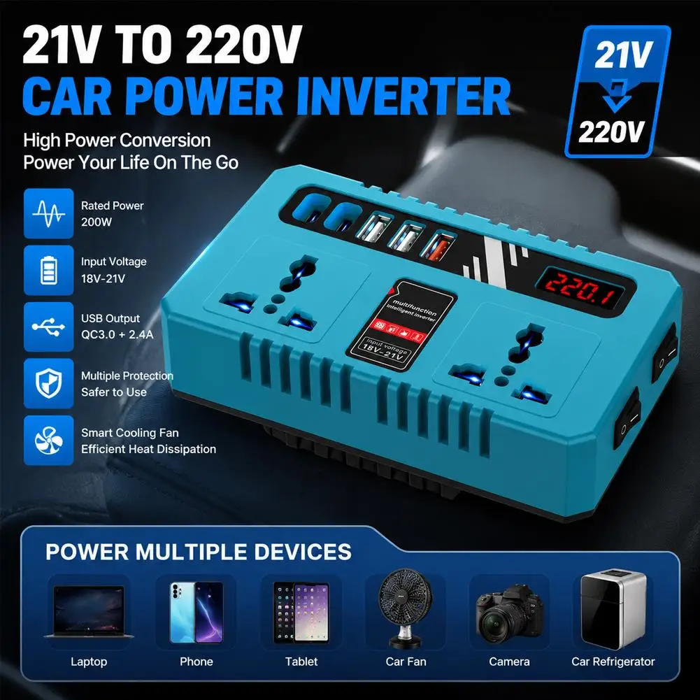 For Makita 18V Battery Power Inverter 200W DC 21V To AC 220V Voltage Converter USB QC3 Car Outlet Socket Generator Adapter Tool