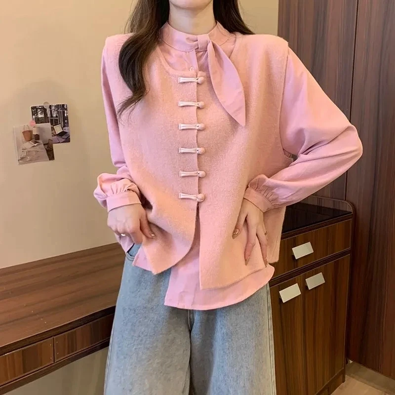 Spring Autumn Chinese Style Red Sweater Vest Long Sleeve Shirts 1 or 2 Piece Set 2024 Women Graceful Knit Tops Blouse Outfits