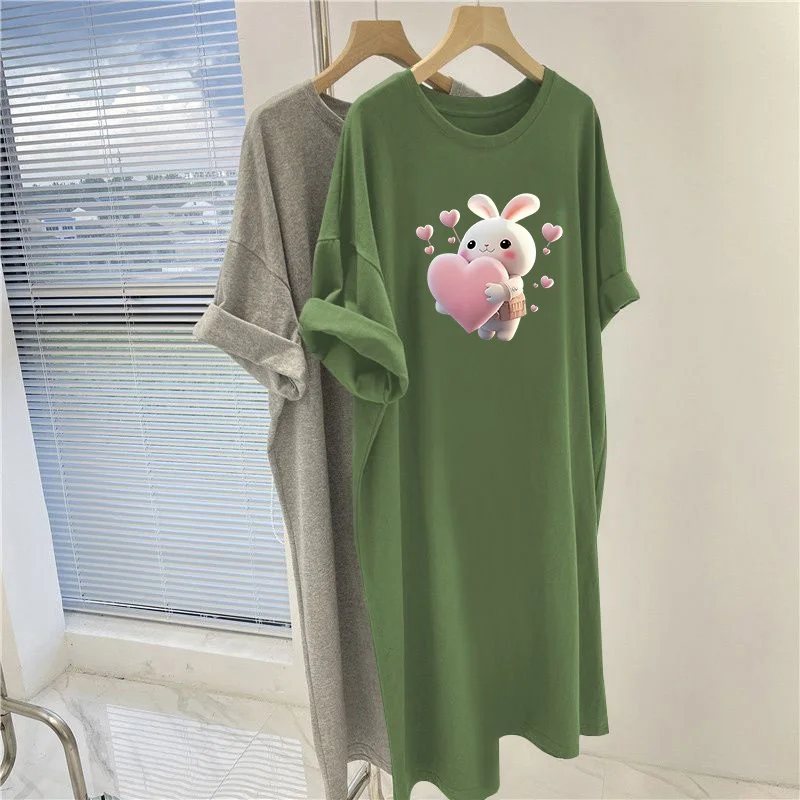 

Summer Loose Casual O-neck Short Sleeve Dresses, Cartoon Printed Knee Length Tunic, Women Clothing Vintage Basic Straight Dress