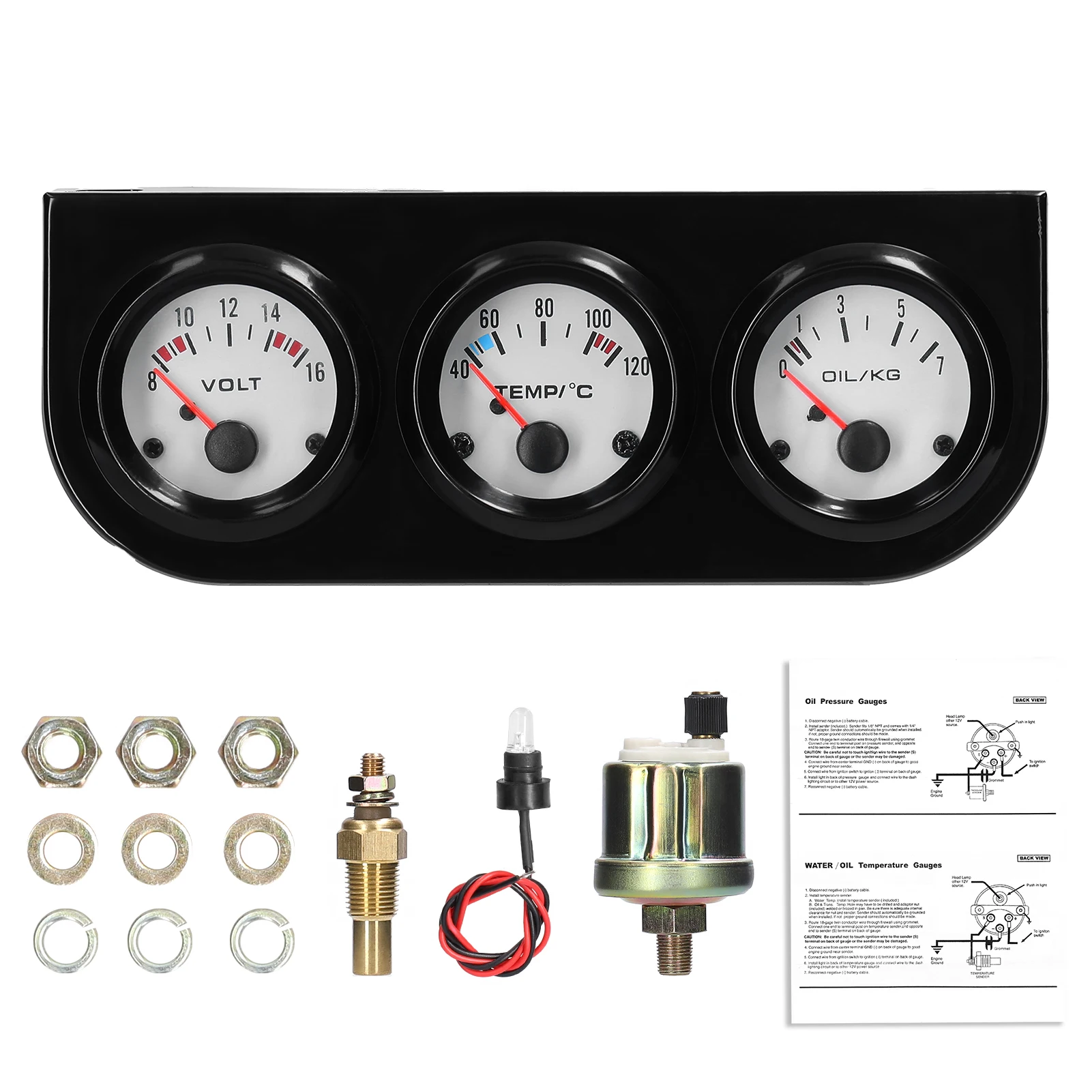 

3 in 1 Car Meter Auto Gauge Kit 52mm Voltage Water Temperature Oil Pressure Meter Voltmeter with Sensor Black 12V ABS Metal for