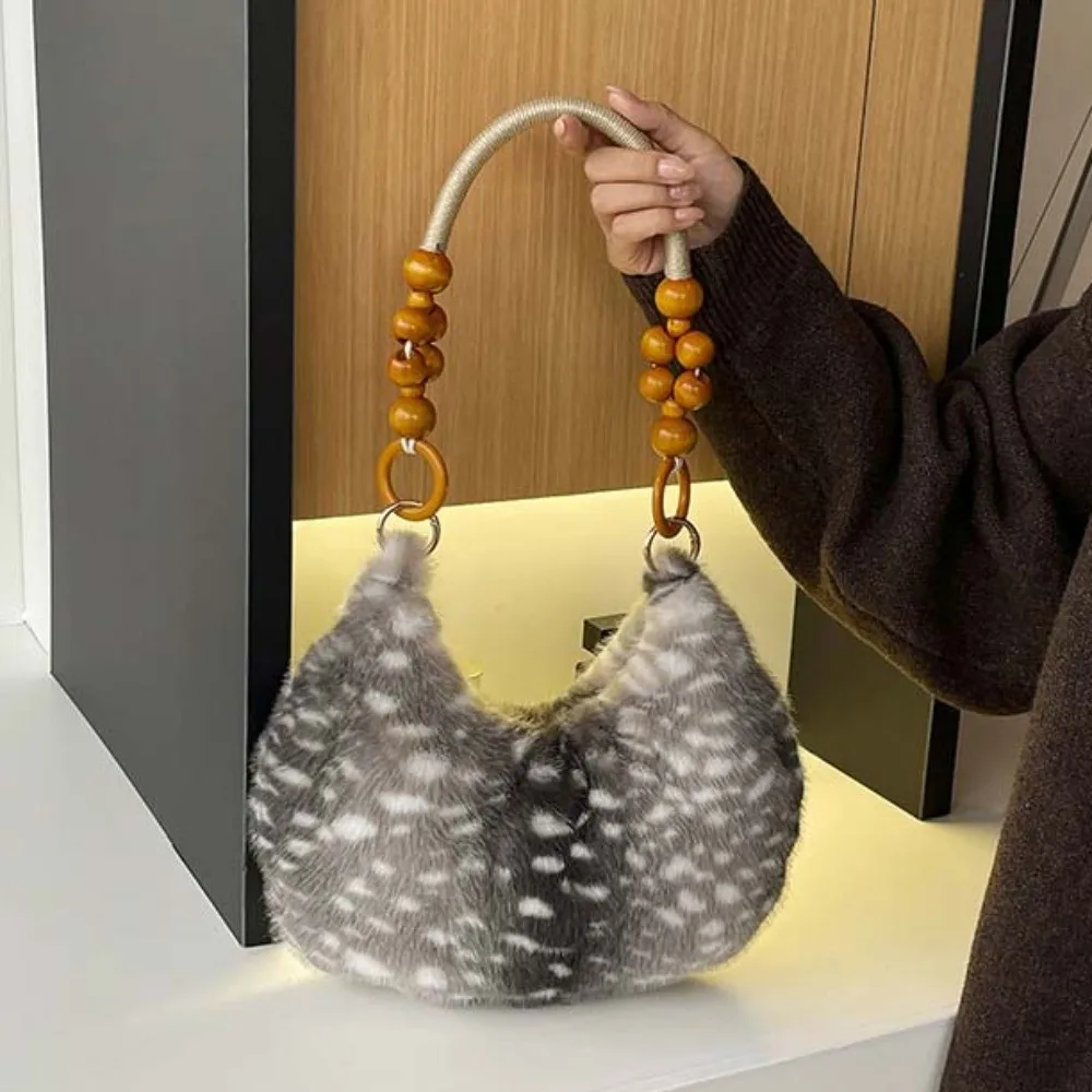 Underarm Bag Deer Print Crescent Bag Large Capacity Wooden Beads Handbag Fluffy Texture Trendy Design Faux Fur Tote Travel