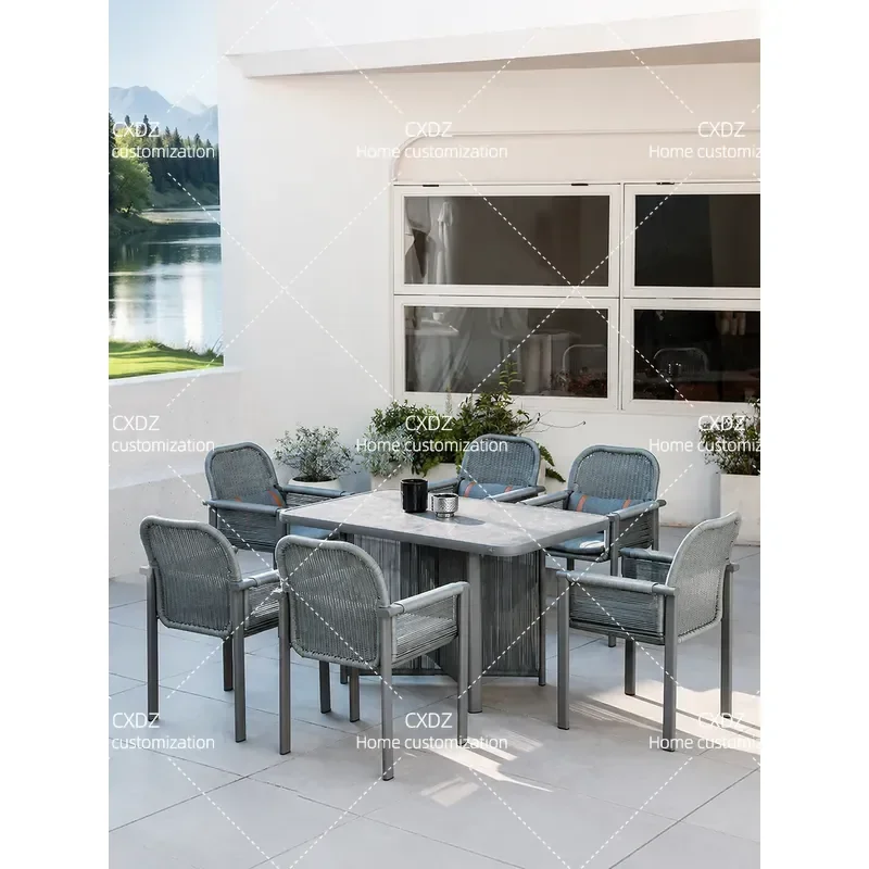 Outdoor Rattan Dining Table and Chairs Set Waterproof Sunproof Garden Patio Balcony Leisure Furniture for Courtyard