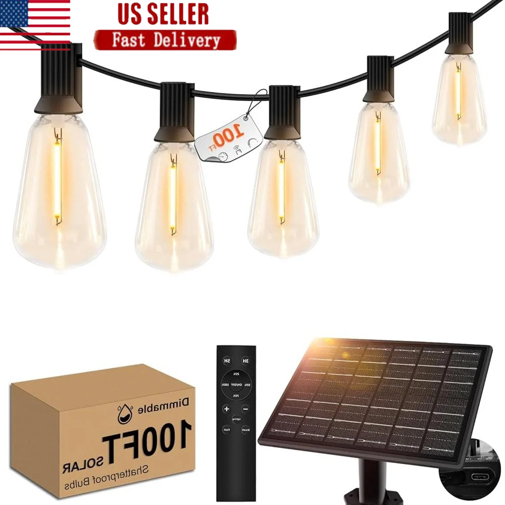 

100-футовые гирлянды на солнечной энергии с дистанционным USB-перезаряжаемым таймером, наружное водонепроницаемое небьющееся светодиодное освещение для патио, 3,5 Вт