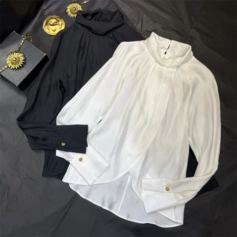 

Women's shirt Spring 2026 new satin slim fit high neck women's long sleeved top Metal button decoration Casual Women's blouse