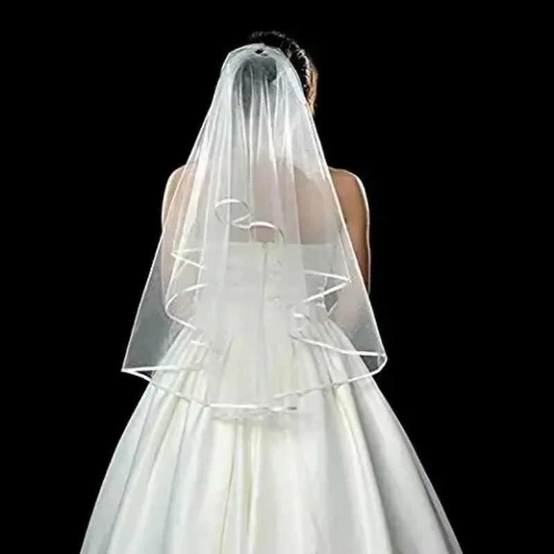 

White Double Ribbon Edge Center Cascade Bridal Wedding Veil with Comb 2024