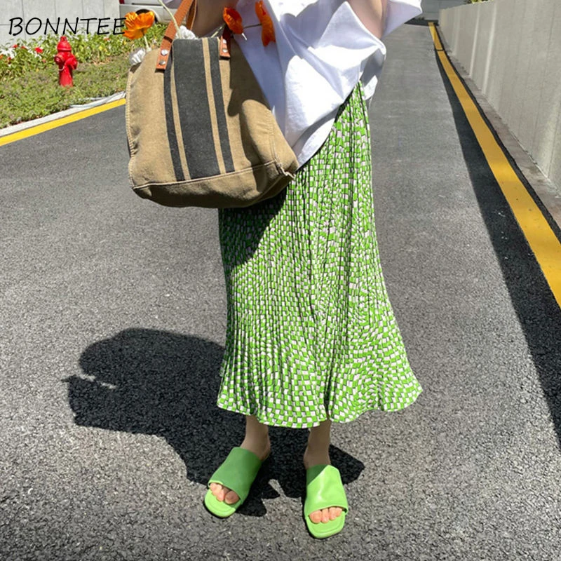 Green Skirts Women Folds Soft Casual Breathable Midi Summer All-match High Waist Retro Korean Style Femme Floral Faldas Design