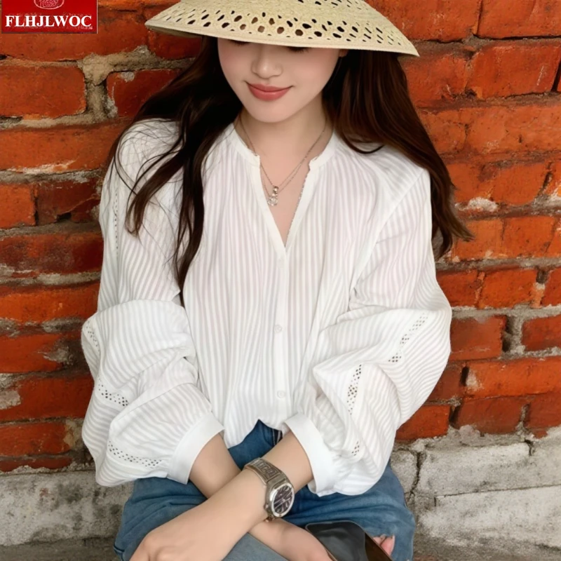 

Cotton Cute Tops And Blouses Chic Korea Style Women 2026 Spring Casual Loose Women Long Sleeve Single Breasted White Lace Shirts