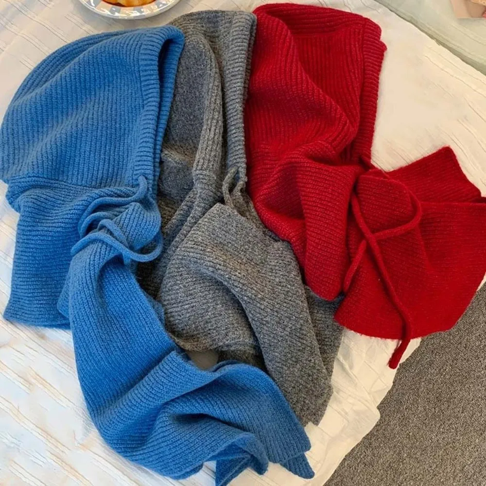 Koreanischer Winter-Stil: Balaclava-Mütze, einfarbig, dick gestrickt, Kapuzenschal-Kombination, gemütlicher Fleece, winddicht, integrierter Nackenwärmer – Detail 8