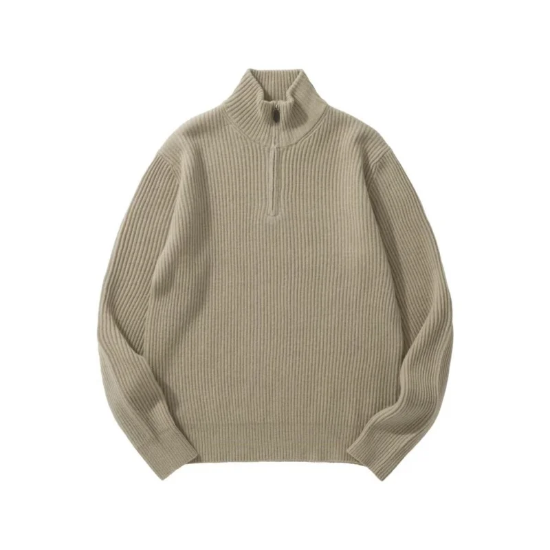 

Мужской вязаный свитер из 100% шерсти с высоким воротником на молнии, осенне-зимний, модный, в полоску, теплый, мягкий, комфортный, стандартный крой, длинный рукав