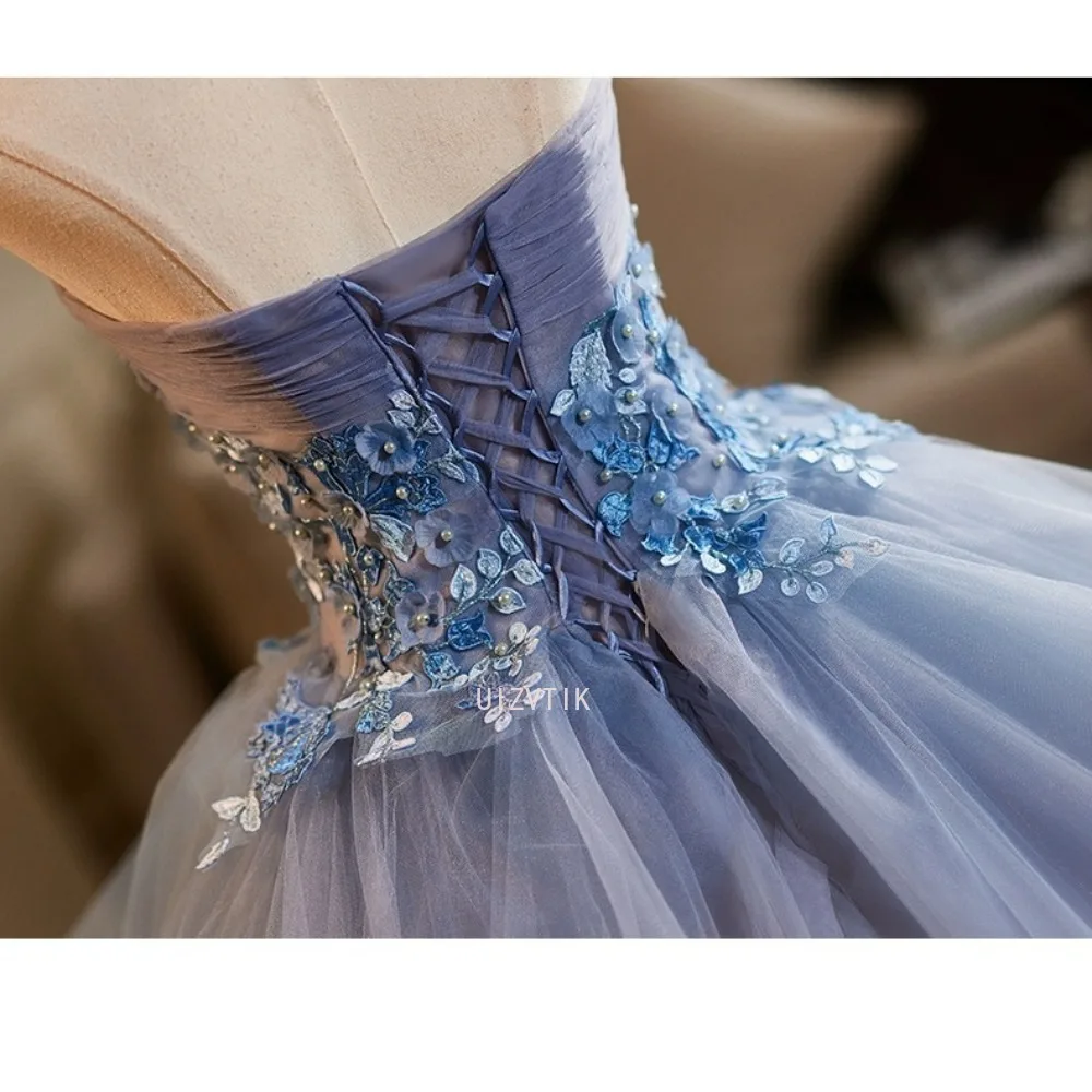 Robe de bal bleue sans bretelles, Sexy, élégante, ligne A, avec des appliques, robes de célébrité, robe de soirée pour femmes, sans manches, robe formelle personnalisée