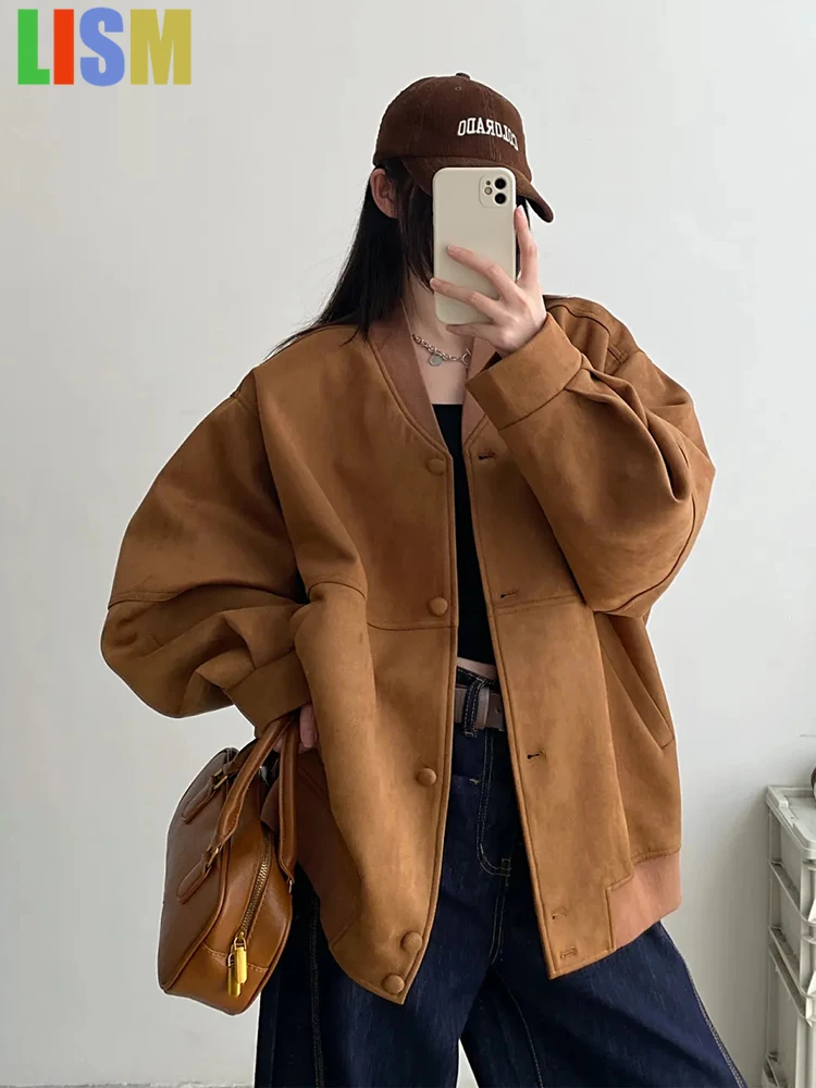 

LISM 2025 American Y2K Jackets Women Streetwear Loose Faux Suede Coat Vintage Long Sleeve Harajuku Oversize Hip Hop Outwear