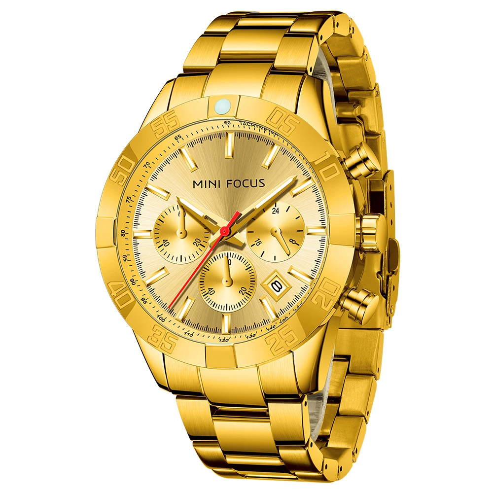 MINIFOCUS Luxury Gold Men’s Business Quartz Watch Waterproof Multifunction Stainless Steel Wristwatch Father’s Day Gift for Dad