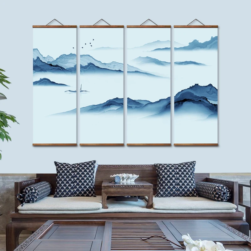 MT0038 Chinese Style Flying Swallow Landscape Decorative Wall Art Canvas Posters Solid Wood Scroll Paintings