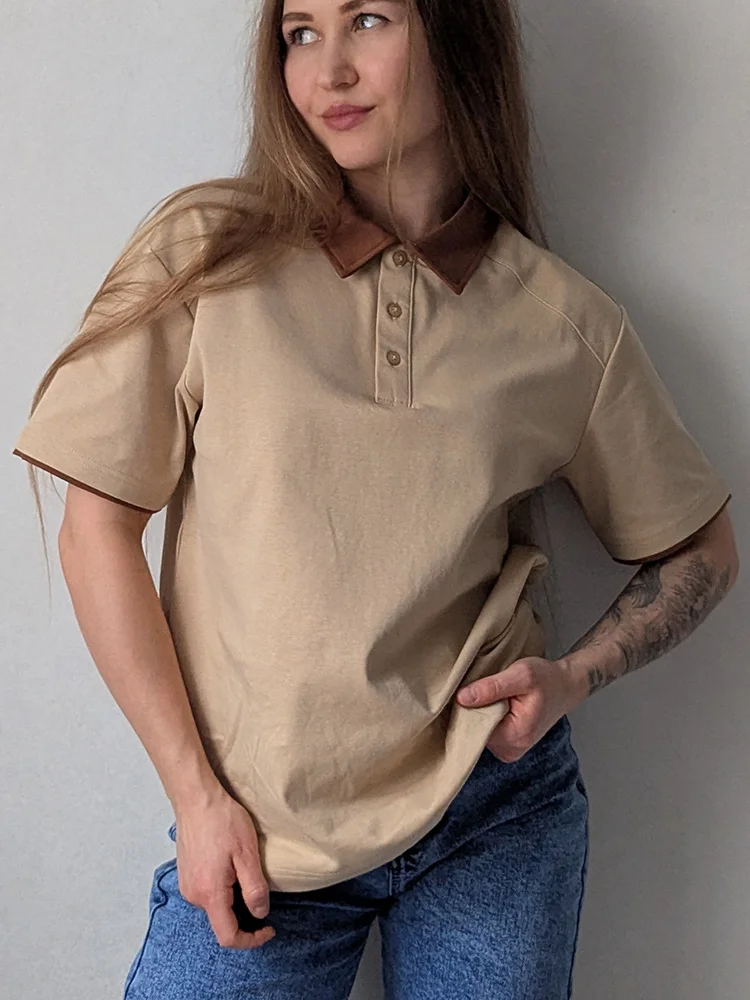 Streamgirl Summer Women's T-shirts And Polo Shirts Woman Cotton Black Loose Short Sleeve Brown Polo T Shirts For Women Oversized 21 S62998c865b5f4c81a478d149db6bc182f
