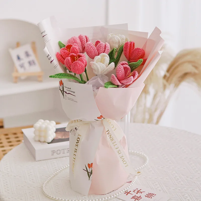 Hand-knitted Open Tulips Mixed Color Finished Bouquet Simulation Cotton Flowers Gift for Birthday Home Desktop Ornaments