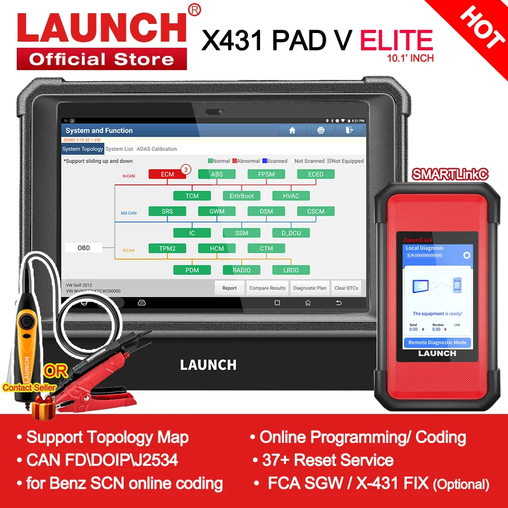 2024 New- LAUNCH X431 PAD V ELITE 10.1INCH Car Diagnostic Tools Online Programming CAN FD\DOIP\J2534 Auto OBD OBD2 Scanner