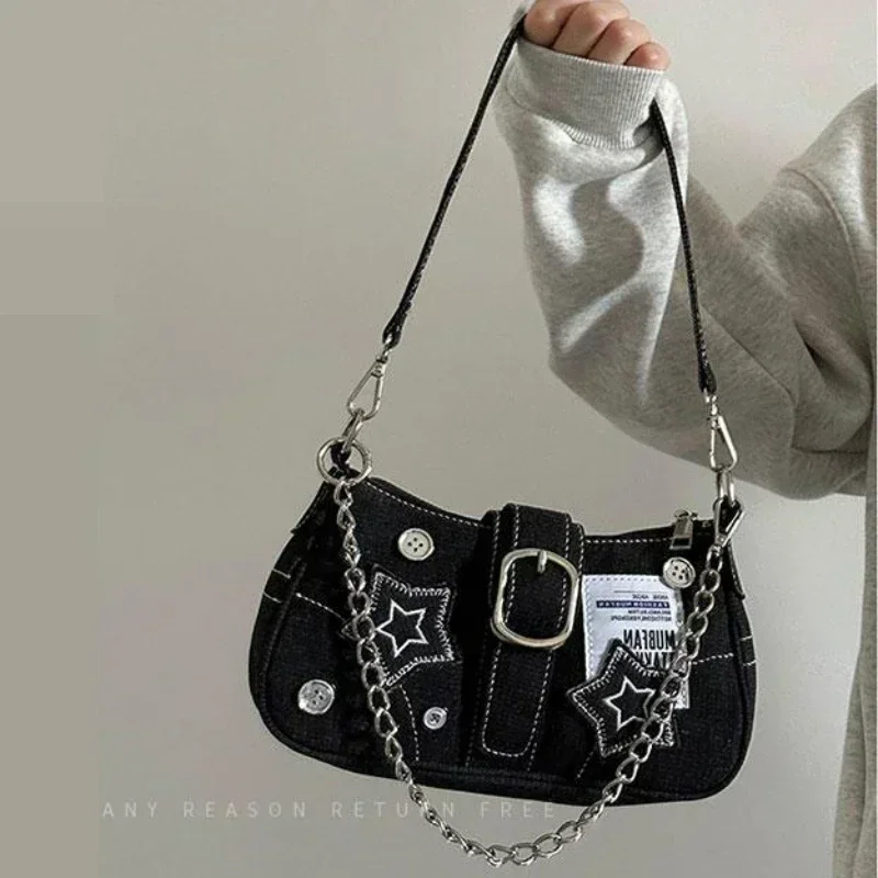 Y2k Fashion Women\'s Handbags Stars Pattern Cool Girls Underarm Bag Fashion Canvas Female Small Shoulder Bags Chain Tote Purses