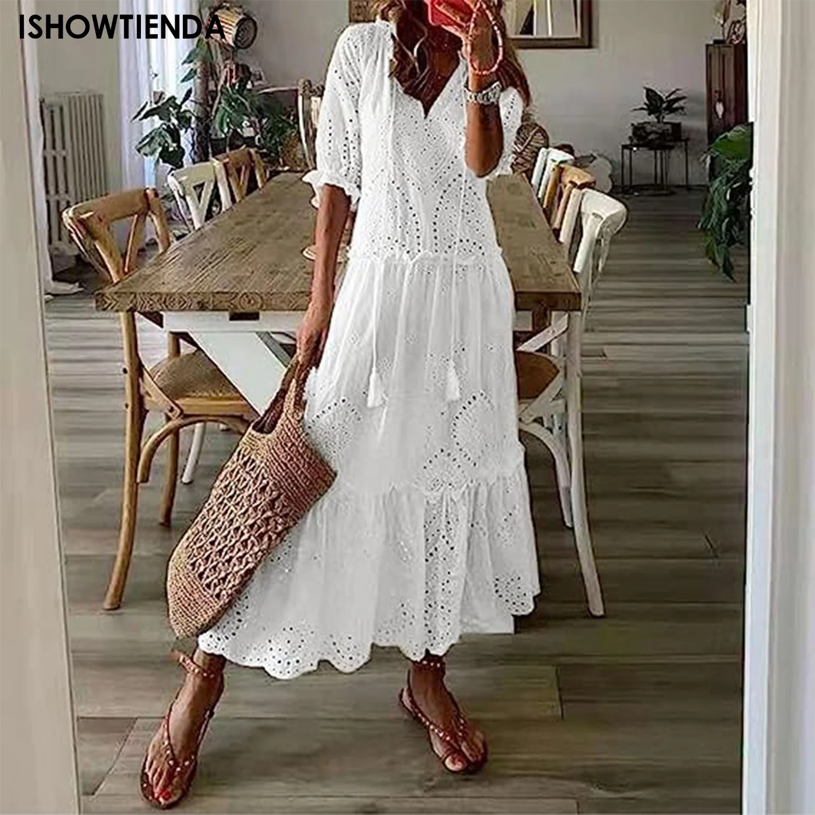 Robe longue en dentelle blanche pour femmes, tenue décontractée, surdimensionnée, à lacets, col en V, ajourée, de plage, style boho, maxi