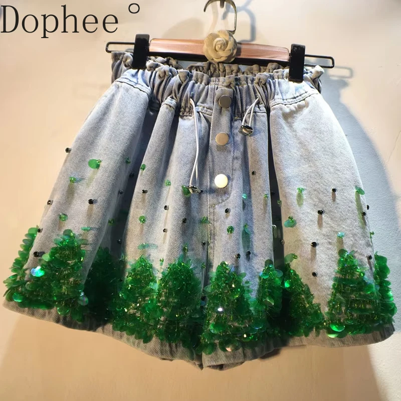 Luxury 2025 New Summer Fashion Women Wide Leg Pants Diamonds Green Sequins Elastic High Waist Casual A-line Denim Shorts