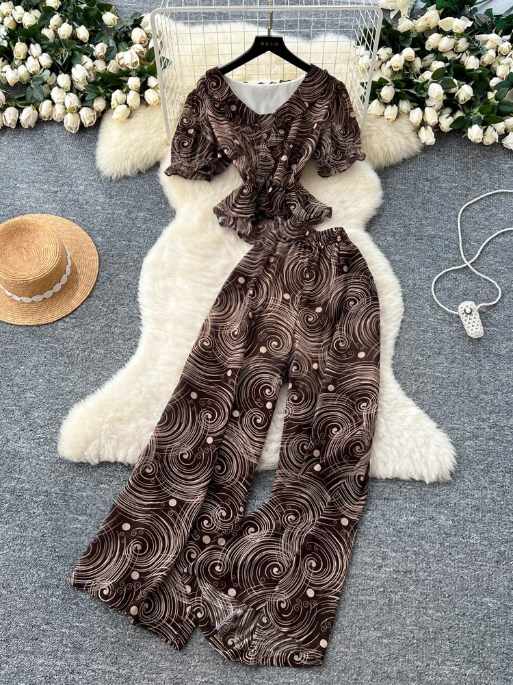 

Skinny High Waist V-neck Short Bubble Sleeve Mini T-shirt+Elastic Waist Pants 2-piece Set New High Waist Wide Leg Pants Sets