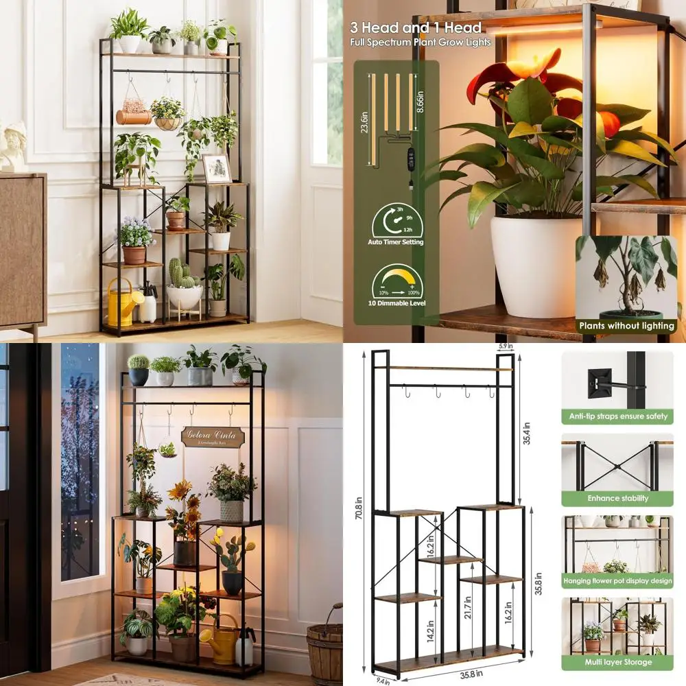 

71 Tall Indoor Metal Plant Stand with Grow Lights for Living Room and Patio