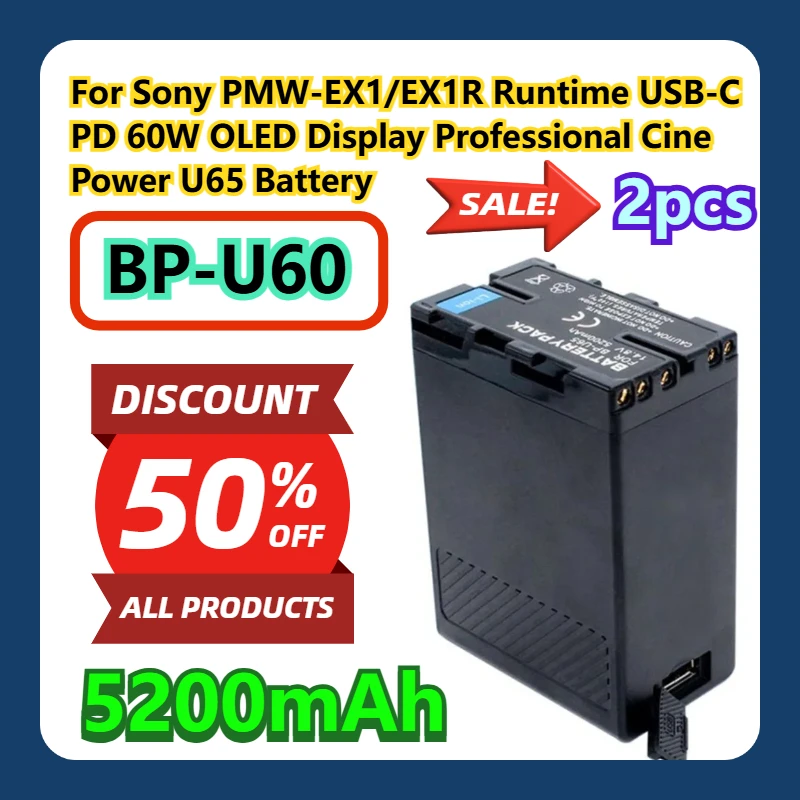 

For Sony PMW-EX1/EX1R Runtime USB-C PD 60W OLED Display Professional Cine Power U65 5200mAh Battery 2pcs