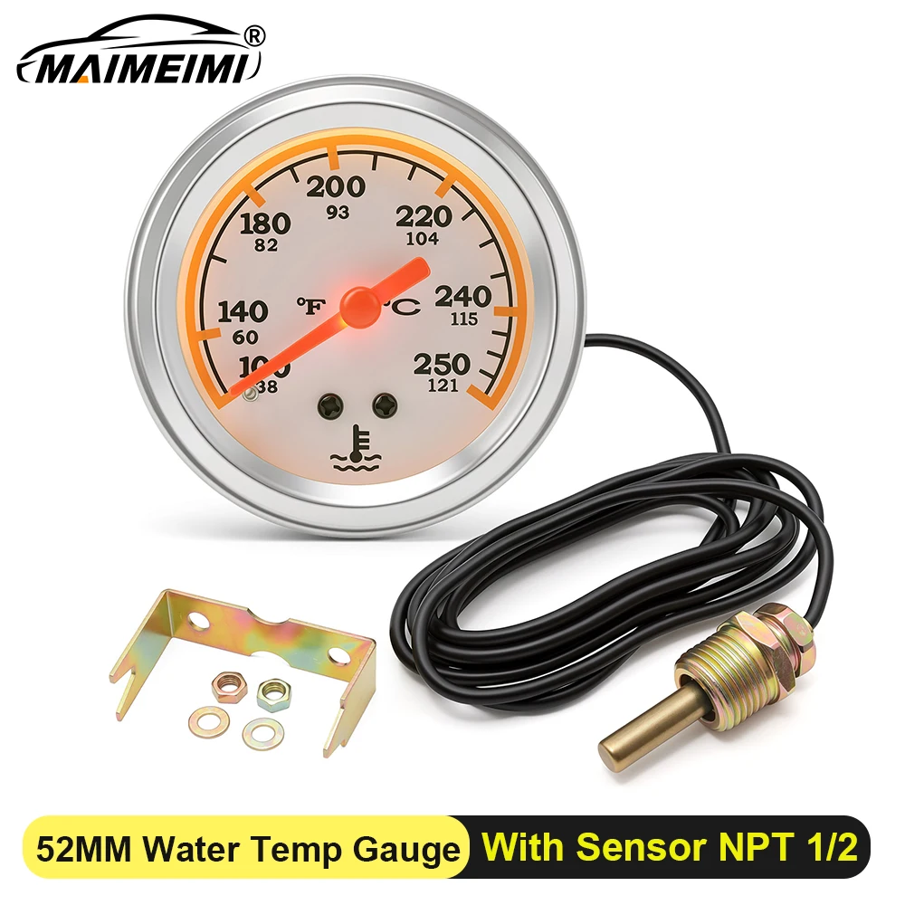 2 Inch 52MM Mechanical Water Temperature Gauge  38-121℃/100-250℉ Pointers Dual Scale Meter  With Sensor NPT 1/2 Thread  for 12V